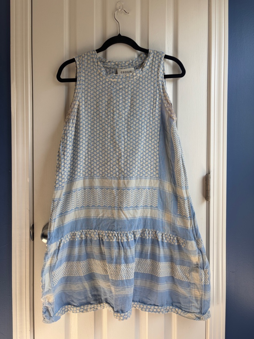 Cecilie Copenhagen Sleeveless Geometric Pattern Dress Size Small Blue/ Cream